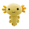 A yellow axolotl plush toy with orange gills and a smiling face.