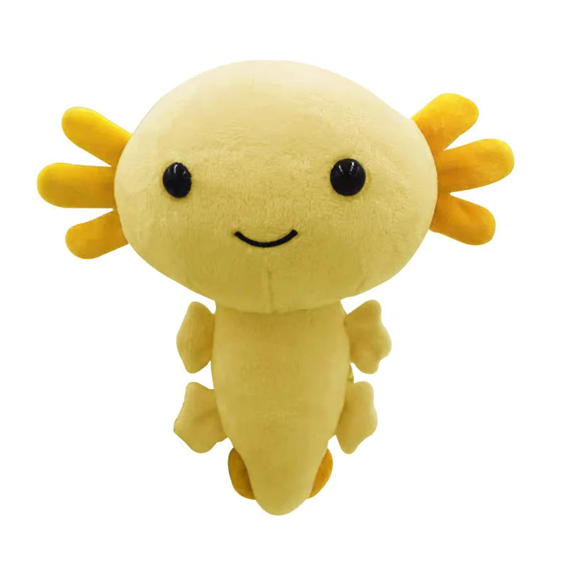 A yellow axolotl plush toy with orange gills and a smiling face.