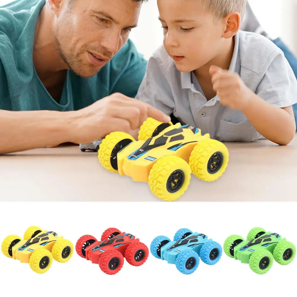 A collection of yellow, red, blue, and green four-wheel drive stunt cars with pull-back action toys.
