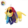 A colorful lion plush toy with yellow fur and multicolored yarn mane, featuring a stitched face.