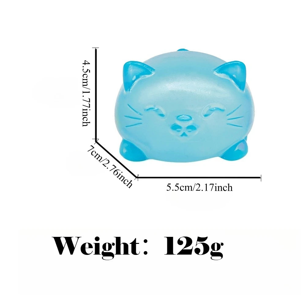 A light blue, squishy cat stress relief toy with dimensions 4.5cm x 7cm and a weight of 125g.