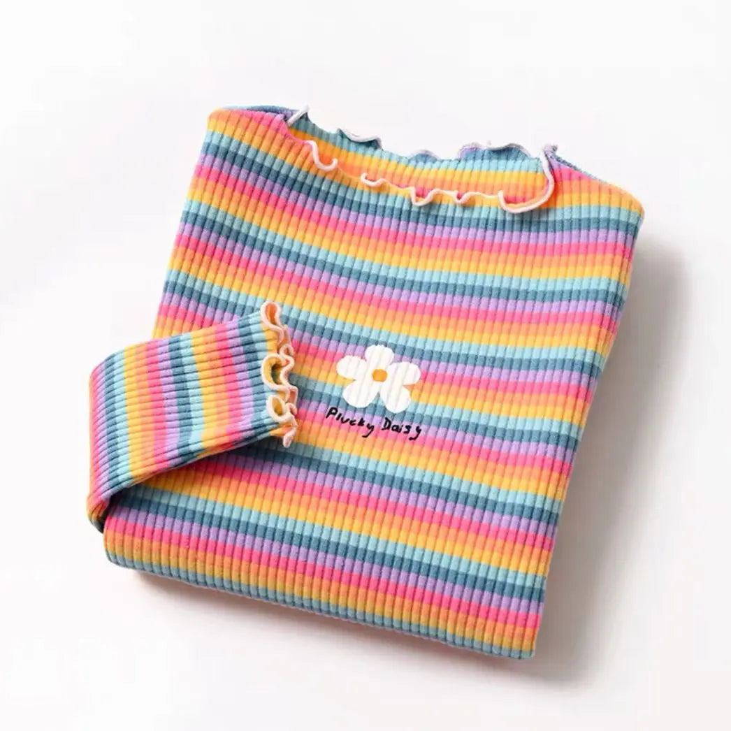 Girls striped floral print cotton t-shirt with yellow trim
