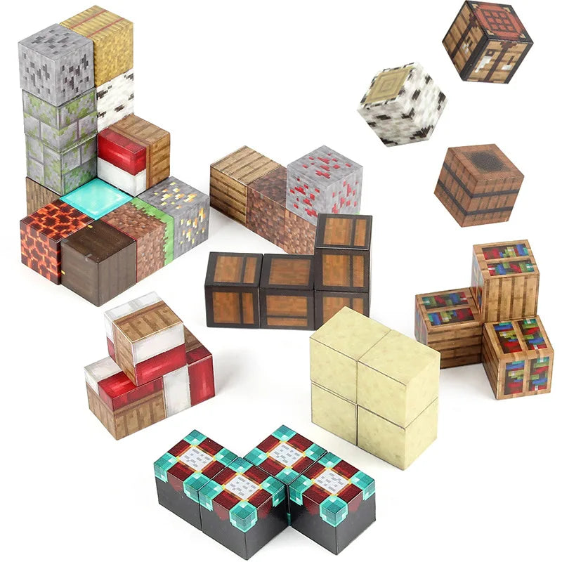 A collection of various colored and textured magnetic building blocks in various shapes and sizes.