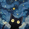 A black cat with glowing yellow eyes looks out into a dark, starry night sky filled with blue and purple clouds.