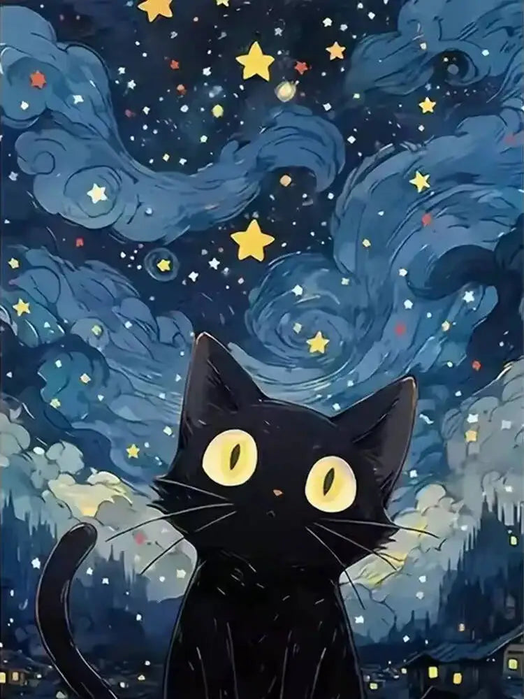 A black cat with glowing yellow eyes looks out into a dark, starry night sky filled with blue and purple clouds.