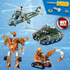 A collection of metal engineering vehicle building kits including a remote-controlled helicopter and a tank model.
