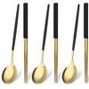 A set of six stainless steel Korean dinnerware pieces and chopsticks shown in various orientations.