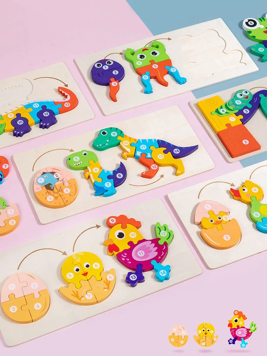 A collection of wooden dinosaur puzzles featuring various colors and shapes for children's educational play.