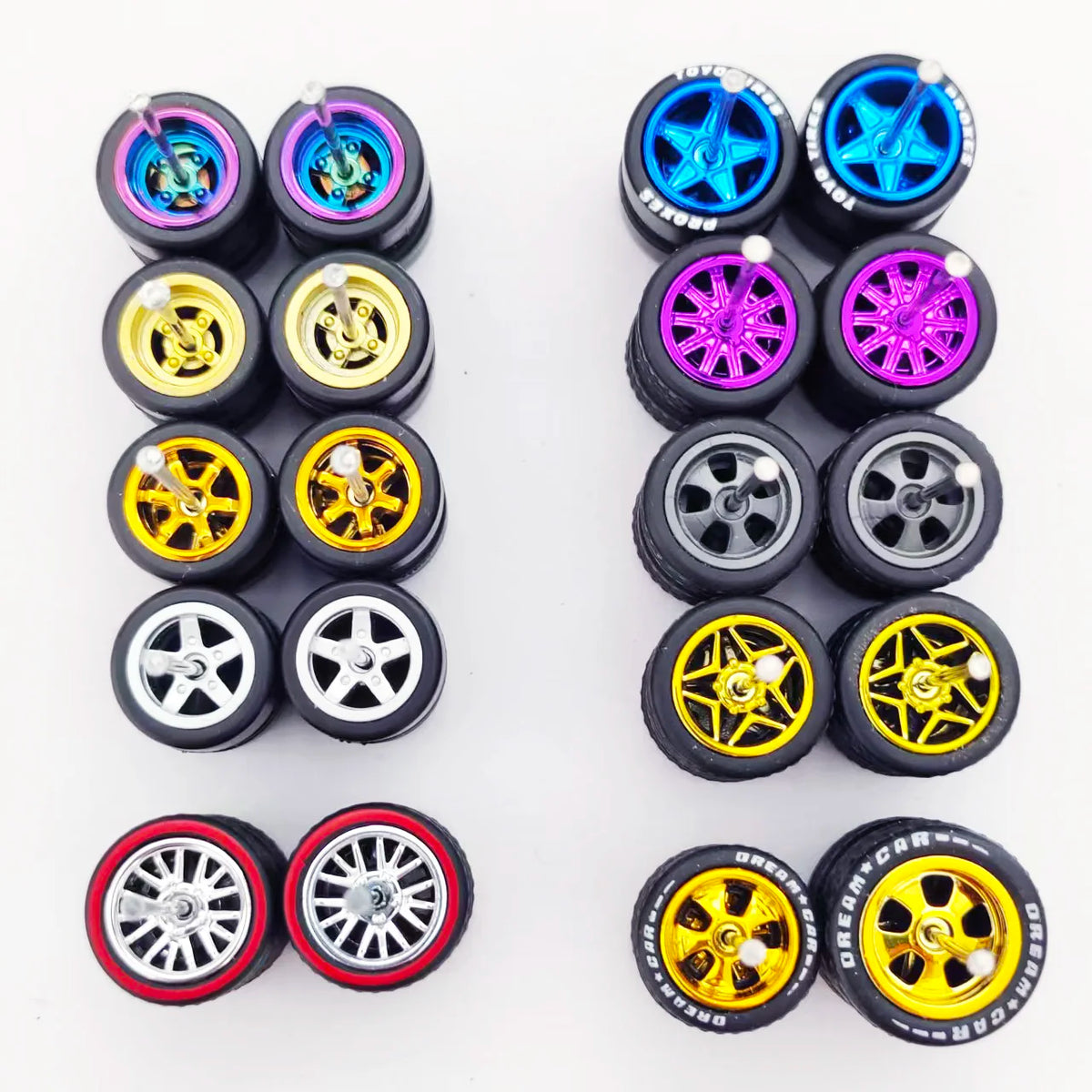 1/64 Scale Alloy Car Wheels with Rubber Tires - 10 Sets