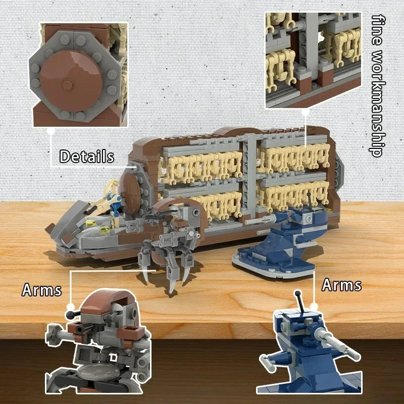 A detailed model of a military combat unit featuring robots, arms, and a transport warship built from building blocks.