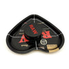 Black love-shaped metal rolling tray with a removable lid and gold accent.