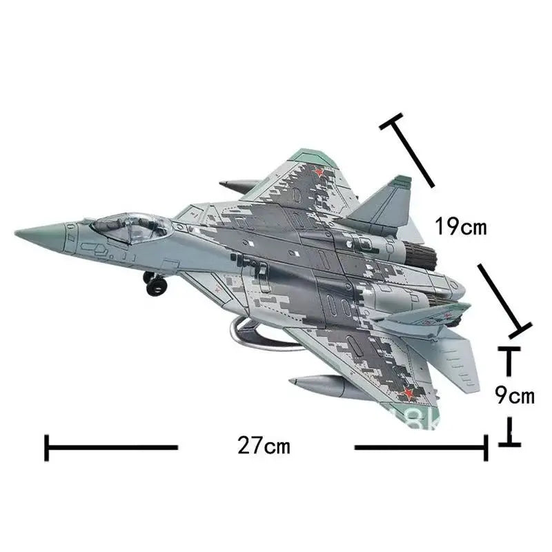 A detailed model of a military fighter jet, likely an F-14 Tomcat or similar aircraft, shown in a gray camouflage pattern.