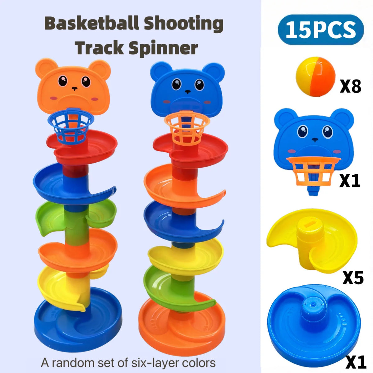 A set of 15 basketball shooting track spinners in six random colors, featuring a mascot design.