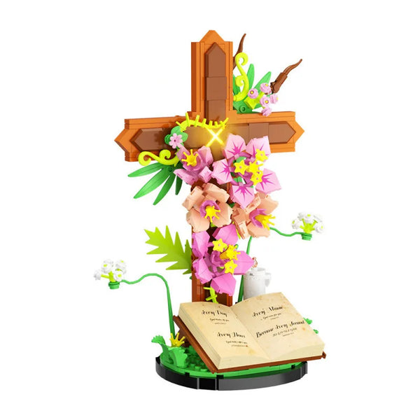 Geburtstagskorpus-Set mit religiösem Osterkreuz, verziert mit Blumen und einem offenen Buch.