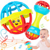 A colorful soft baby grasping ball rattle with a bell is shown next to a baby.