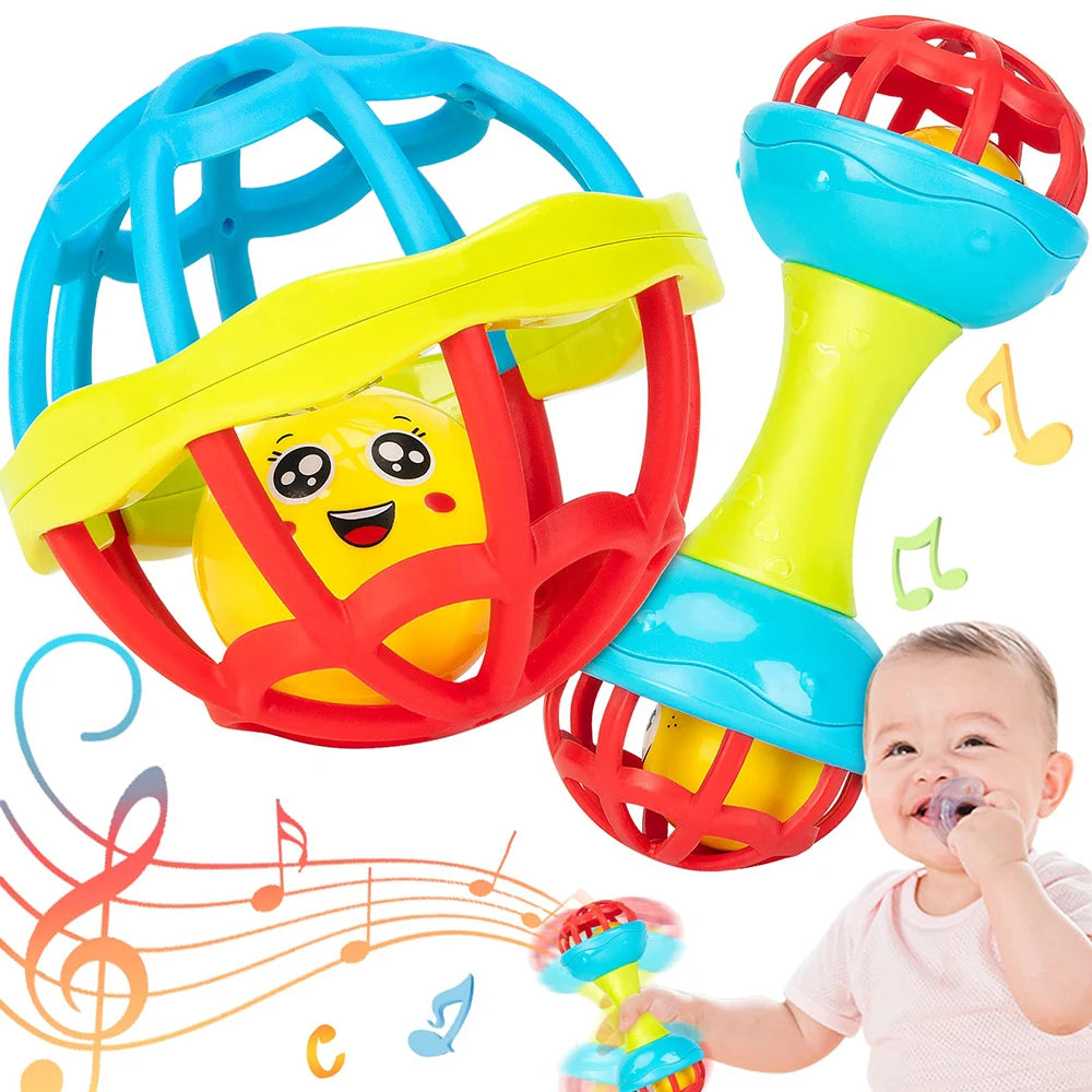 A colorful soft baby grasping ball rattle with a bell is shown next to a baby.