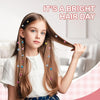 A young girl with long brown hair is shown with colorful hair gems and braids, celebrating a bright hair day.