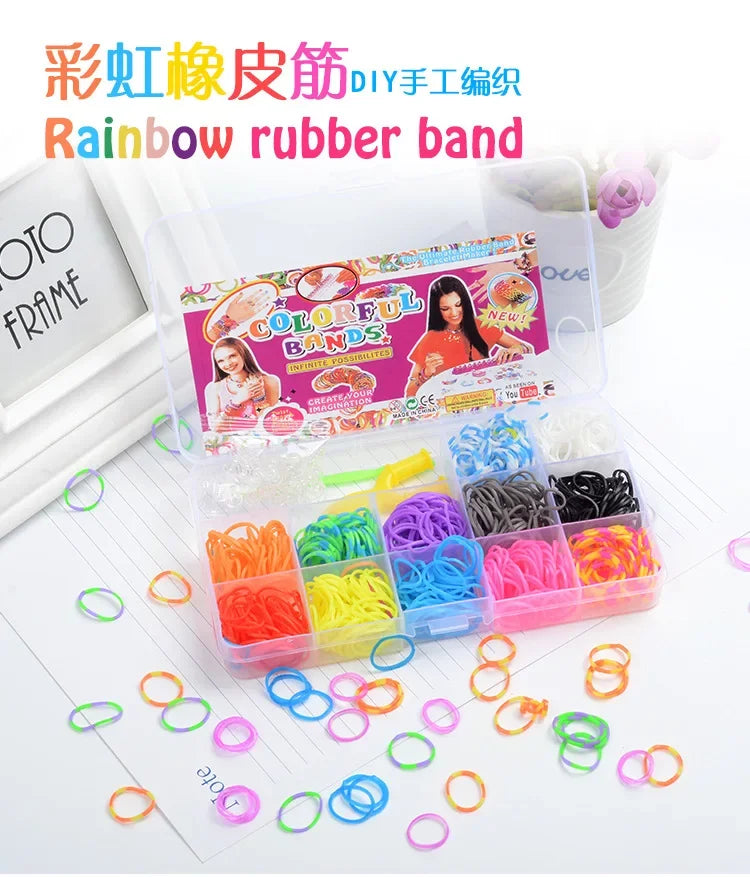 A colorful kit of rubber bands and beads for making DIY bracelets and jewelry