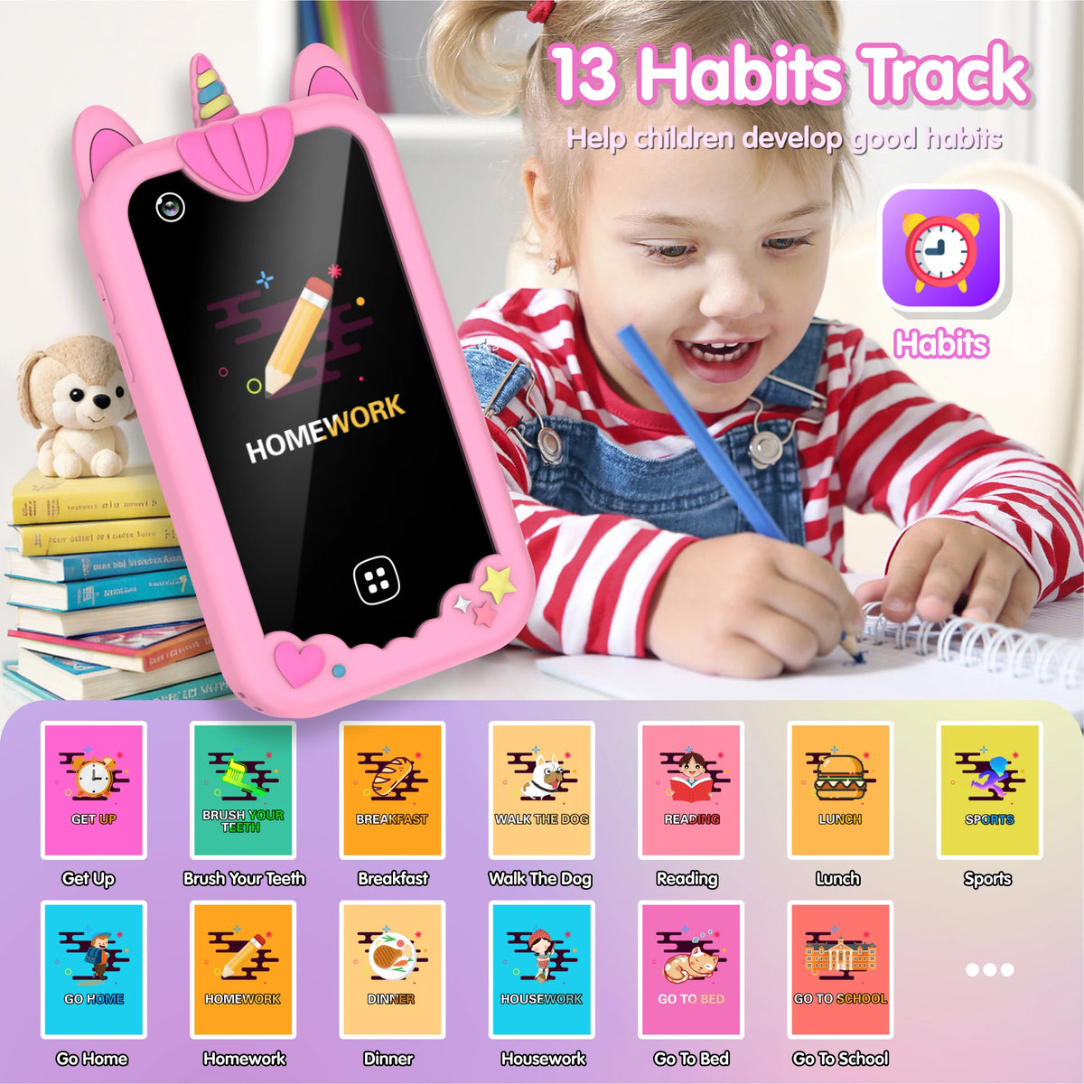 A young girl is using a pink tablet displaying 13 Habits Track for homework and learning activities.
