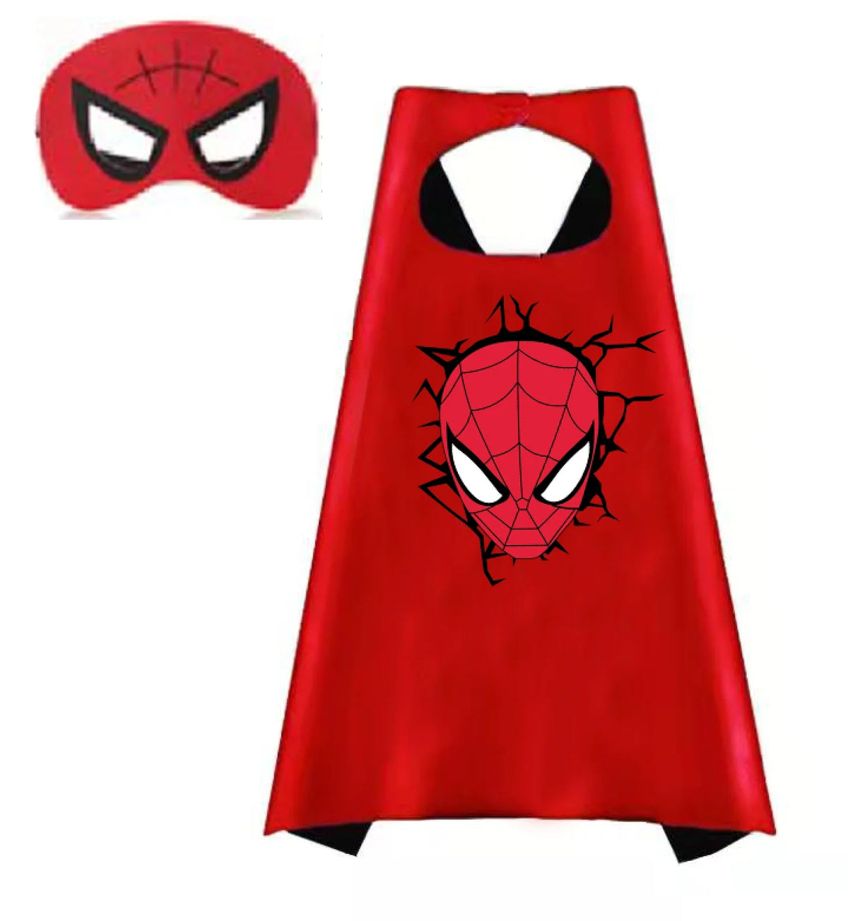 A red superhero cape and mask set featuring a Spider-Man design for kids dress-up.