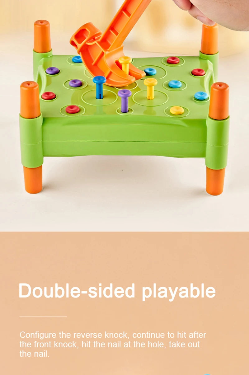 A green toy hammer with orange handles and various colored pegs for a toddler fine motor game.