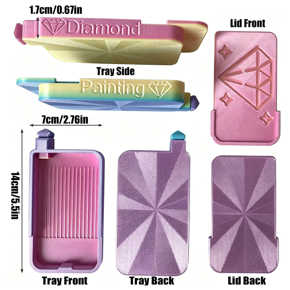 Diamond painting organizer tray showing various views including the lid front, tray side, tray front, tray back, and lid back