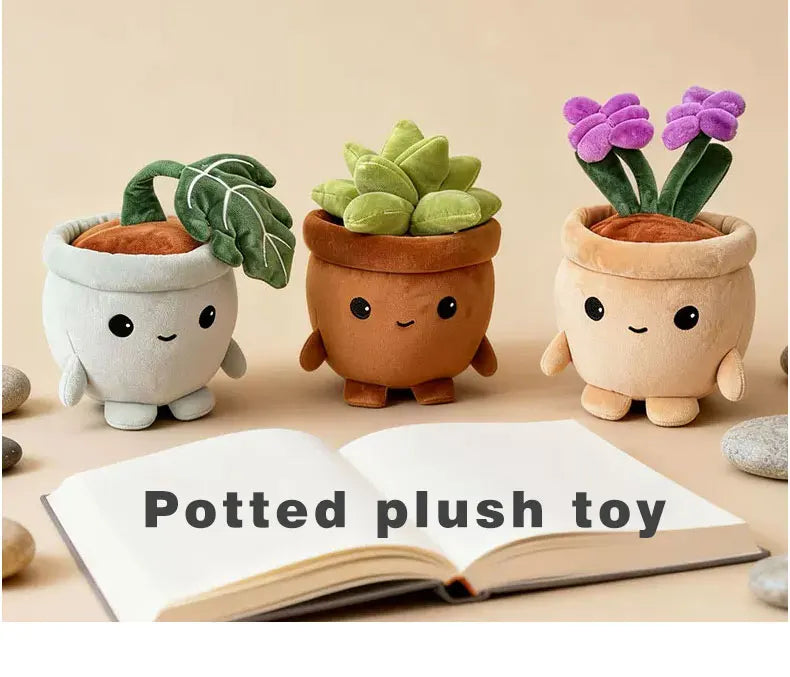 A set of adorable potted succulent plush toys with green leaves and orange soil resting on an open book.