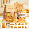 A set of 12 realistic pretend play baked goods including bread rolls muffins and pastries in a clear plastic container and on