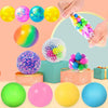 A collection of colorful water bead stress balls and fidget toys in various bright colors like yellow, pink, blue, green, and