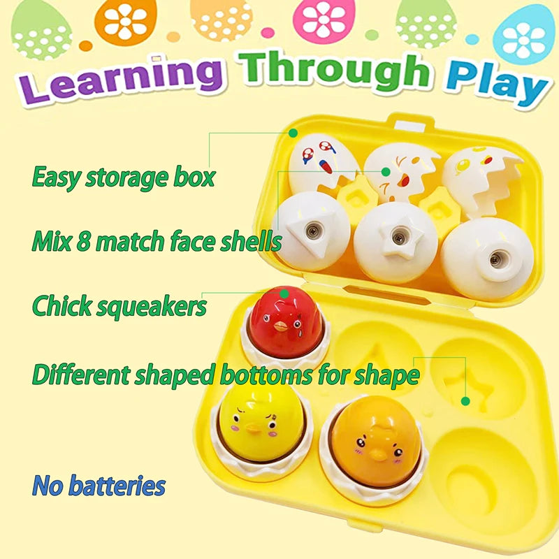 A yellow storage box containing eight match face shells and different shaped bottoms for a learning toy.
