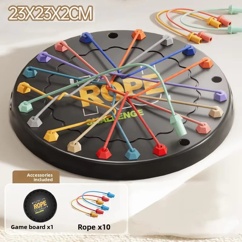 A black game board with ten colored ropes is shown, along with the rope set and a box.