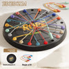 A black game board with ten colored ropes is shown, along with the included rope set and a game board.