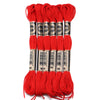 A set of six skeins of vibrant red embroidery thread for cross stitch and DIY crafts.