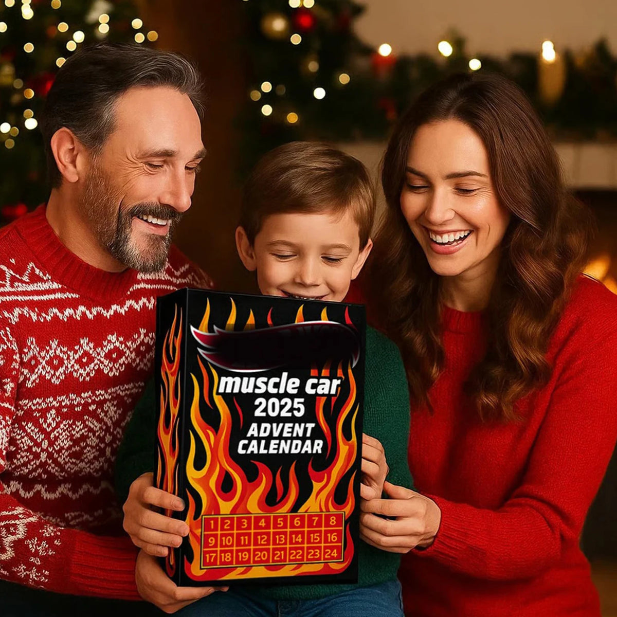 A family of three smiling while holding a box labeled Muscle Car 2025 Advent Calendar