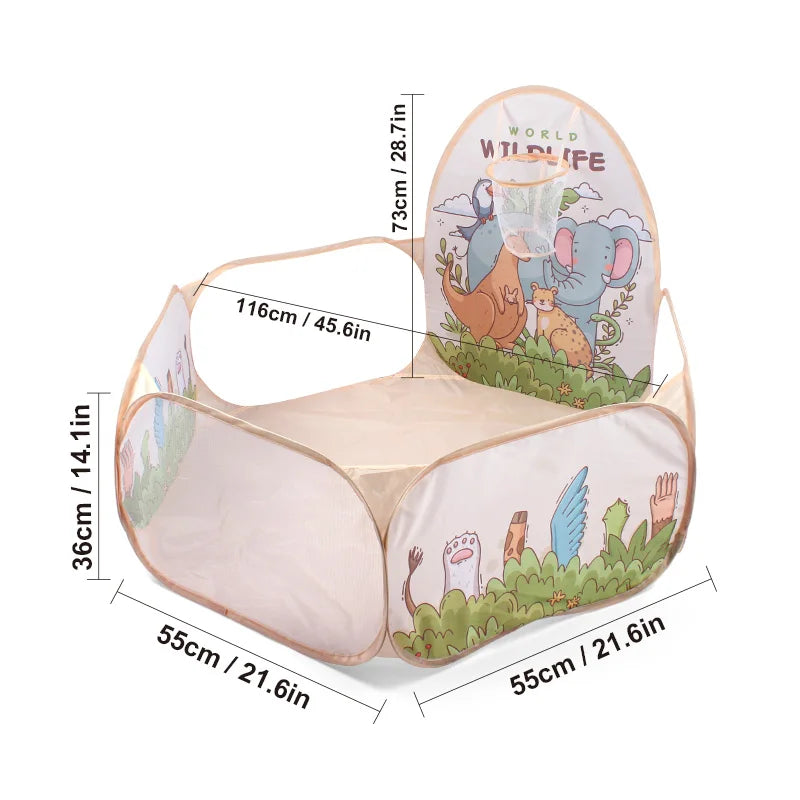 A pink foldable pop-up play tent featuring wildlife illustrations like a bear and a bird.