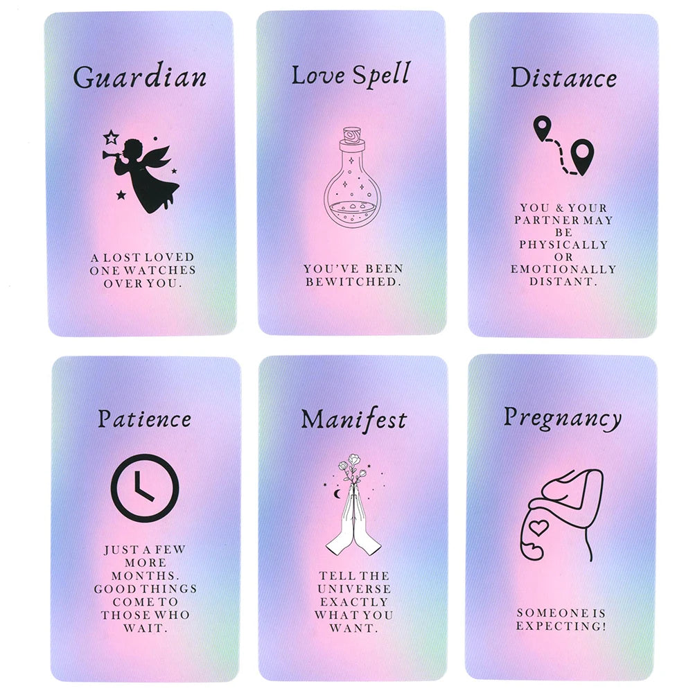 A set of six tarot-style oracle cards with titles like Guardian, Love Spell, Distance, Patience, Manifest, and Pregnancy.