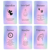 A set of six tarot-style oracle cards with titles like Guardian, Love Spell, Distance, Patience, Manifest, and Pregnancy.