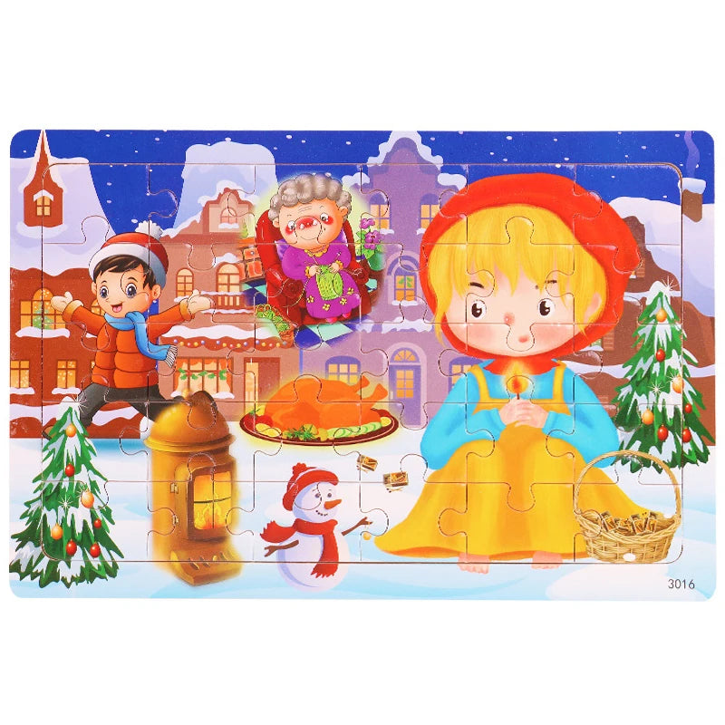 A 30-piece wooden jigsaw puzzle featuring characters from an animal and vehicle learning theme.