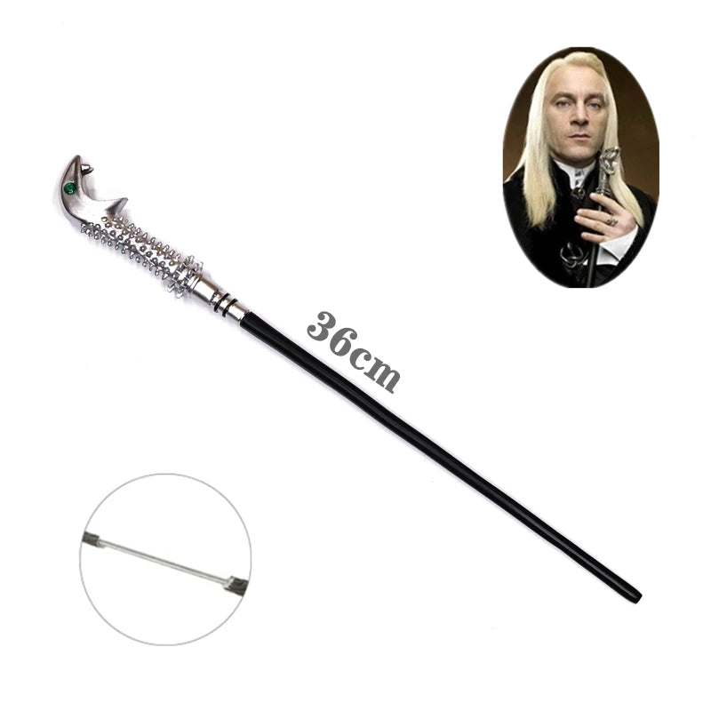 Elegant metal cosplay magic wand with a silver handle and black shaft shown next to a man in a dark suit.