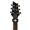 A black electric guitar neck featuring a saddle and tuning machines.