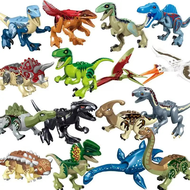 A collection of dinosaur building blocks featuring various dinosaurs like Velociraptor and T-Rex.