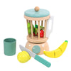 Wooden pretend play kitchen set with a light green coffee maker and various tea accessories