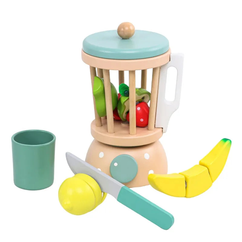 Wooden pretend play kitchen set with a light green coffee maker and various tea accessories