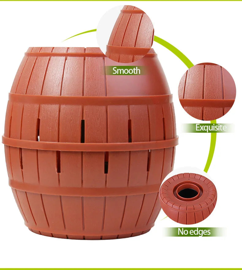 A terracotta-colored pirate barrel sword stab party game with smooth, ridged texture and no edges.