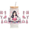 A clear cup with a straw features pink and purple makeup-themed illustrations, including lip glosses, palettes, and cosmetic 