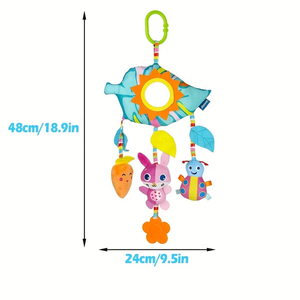 Buntes Regenbogen-Plüschspielzeug mit sonnenförmigem Scheibe und kleinen Tierfiguren.