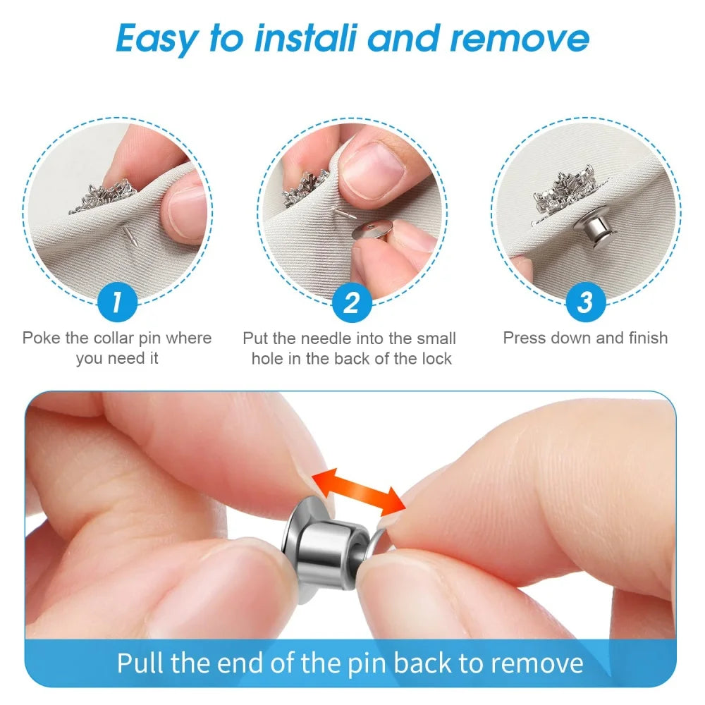 Instructions show how to install and remove a metal locking pin used for brooches or lapel pins.