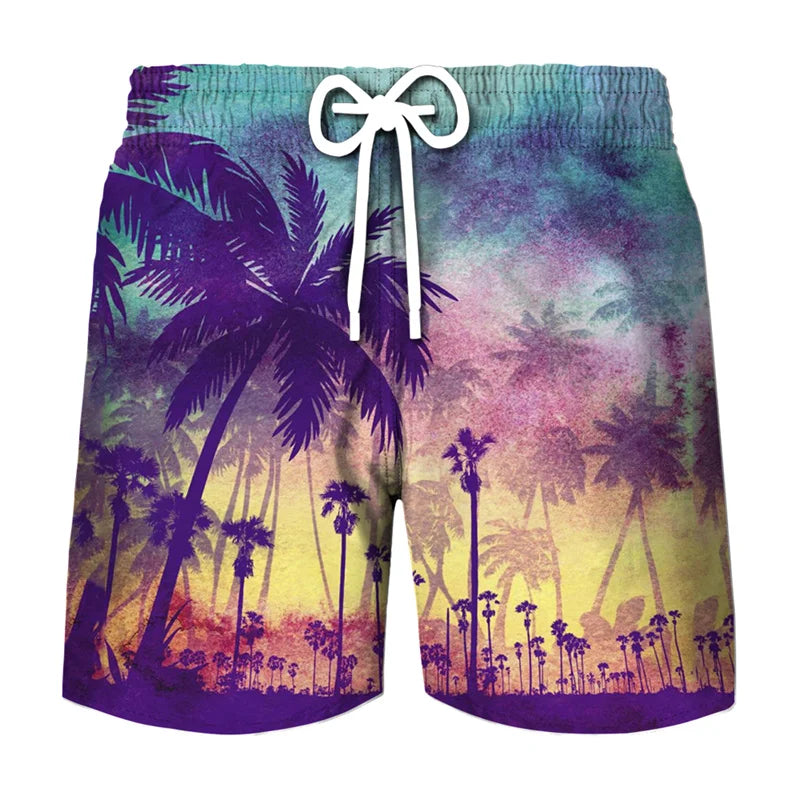 Men's beach swim shorts with a tropical coconut tree print featuring purple and yellow hues.