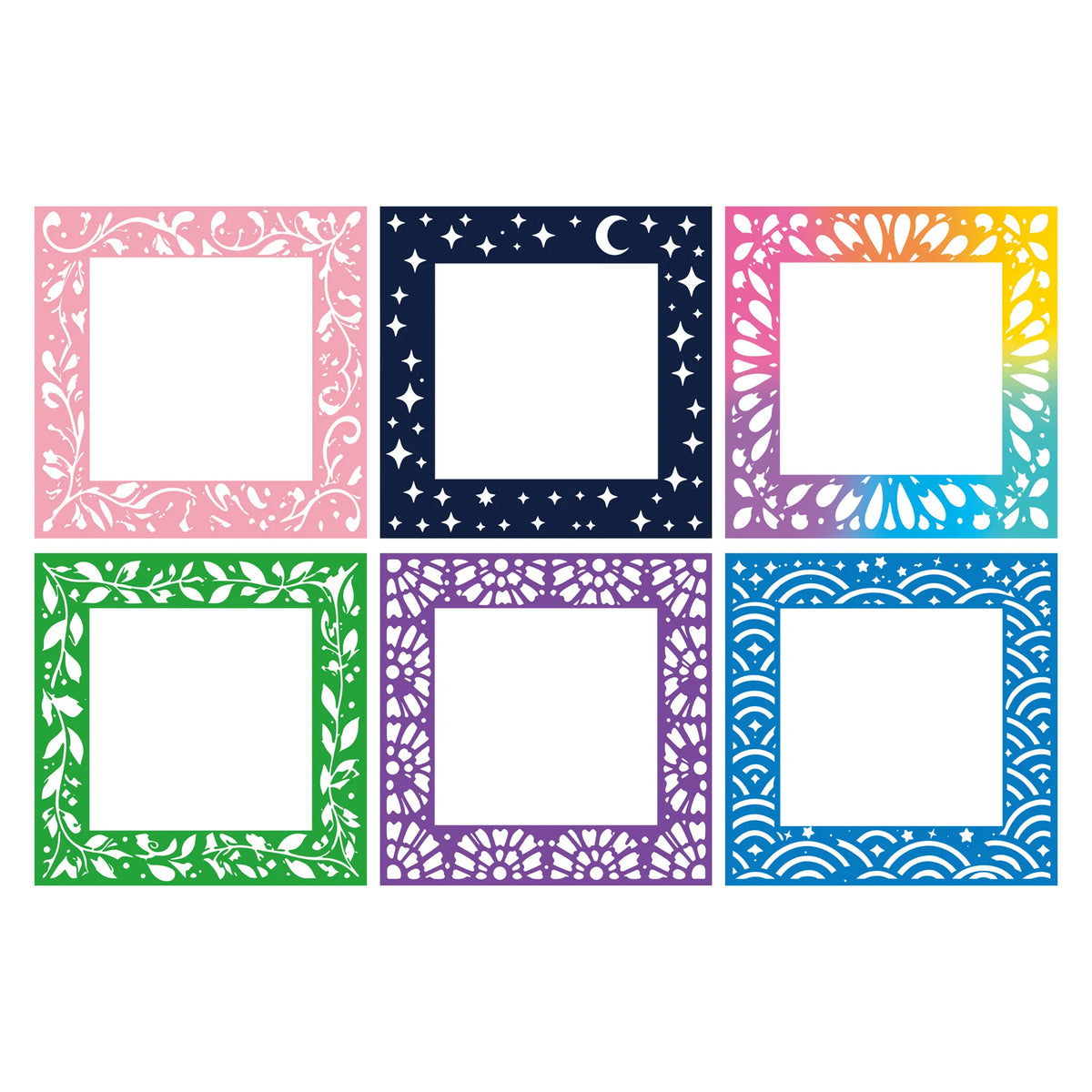 A grid of six square frames with decorative borders and starry designs in various pastel colors.