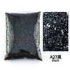 A27 Black flat-back resin rhinestones for DIY craft and nail art, shown in a bag and loose.